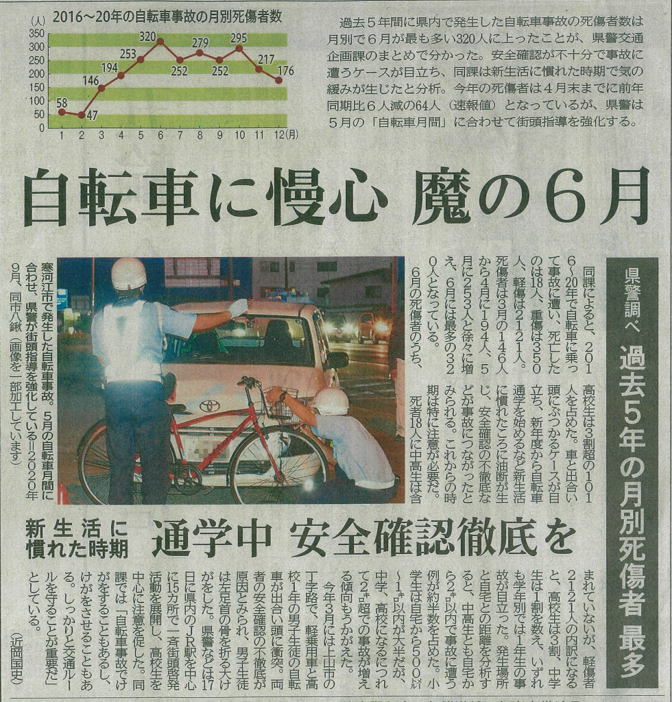 5 19の山形新聞27面に 自転車に慢心 魔の６月 という記事が 掲載されています 山形県民共済